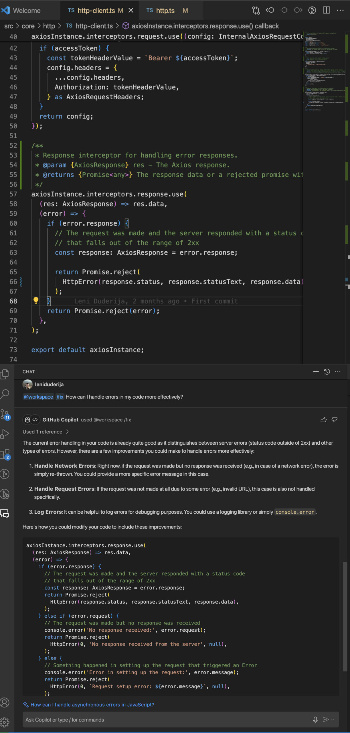 Example 18: Requesting Error Suggestions in a Different Manner with GitHub Copilot Chat 