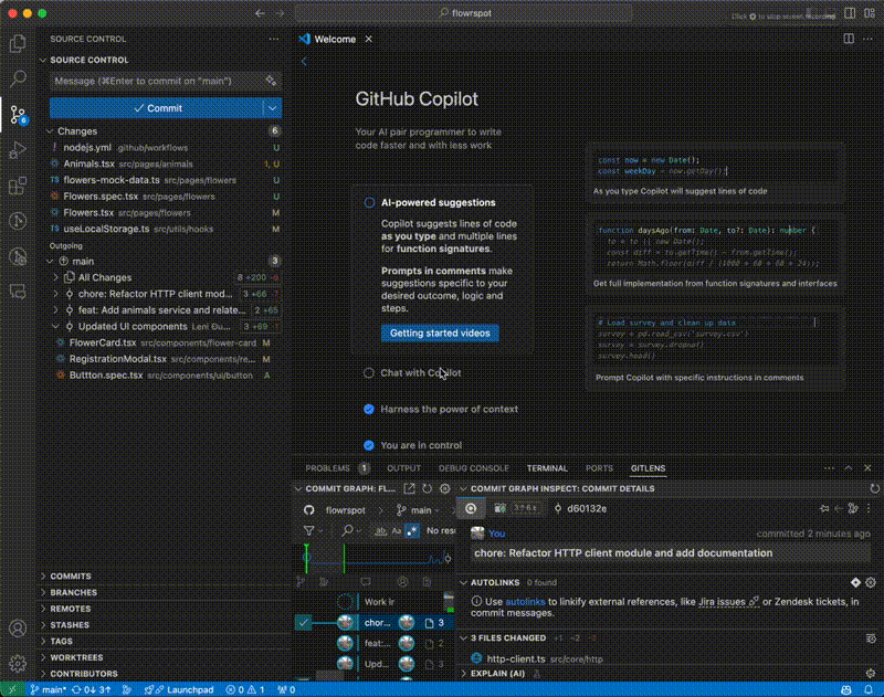 Example 29: Generating Commit Messages for New Pages in the Application with GitHub Copilot