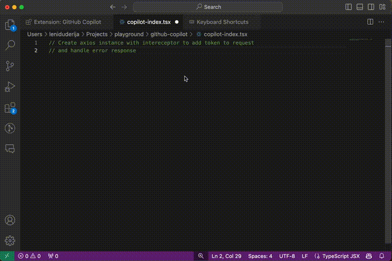 Example 8: Creating Axios Instance with Interceptors for Authentication Token Addition - Accepting Suggestions with 'Tab' Key