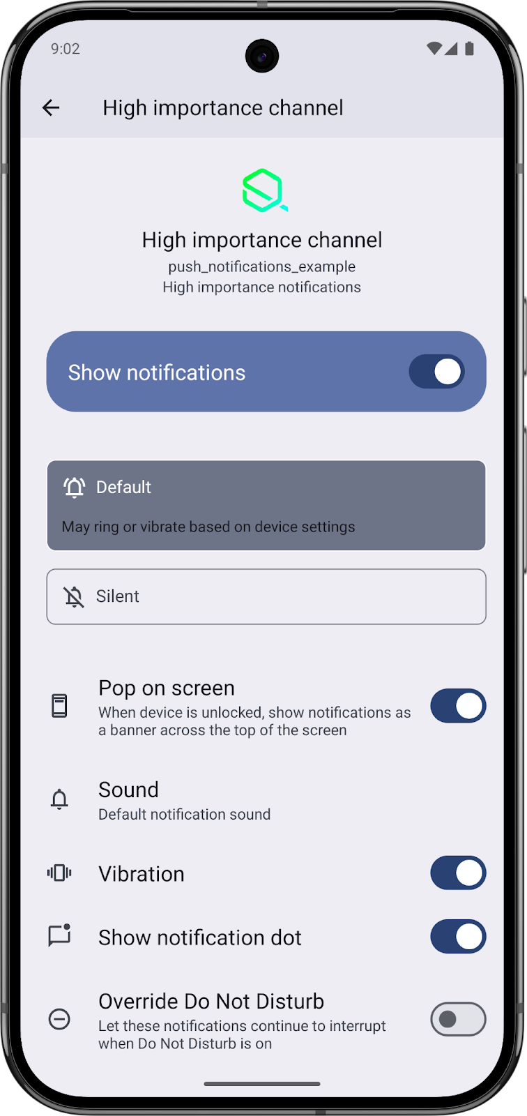 Image showing high importance channel in app settings, average amount of notifications together with permissions for the said channel and options to turn them on or off.