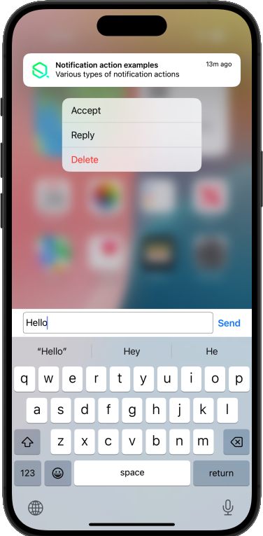Image showing various examples of notification actions with user tapping reply and an open keyboard with textfield for custom input - iOS