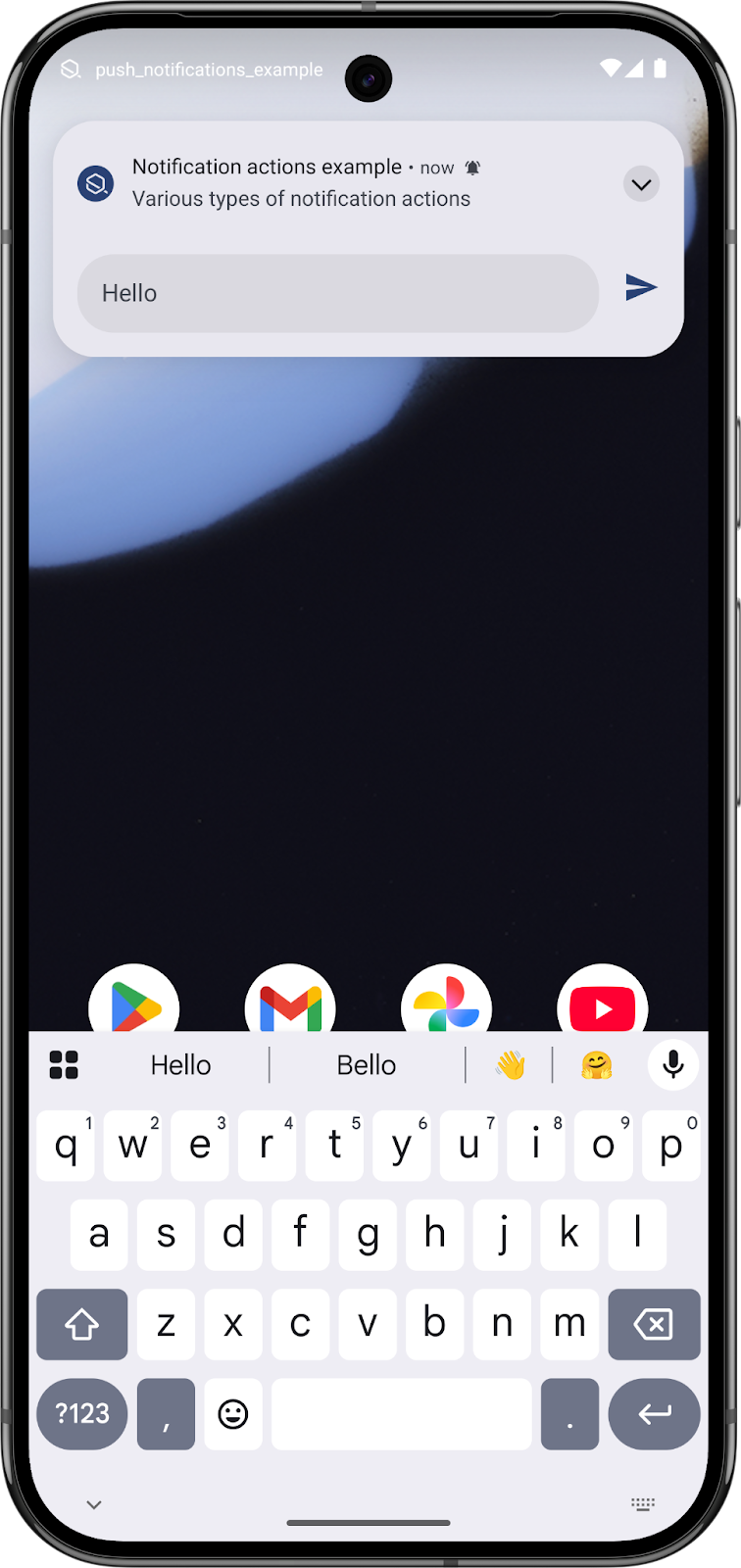 Image showing various examples of notification actions with user tapping reply and an open keyboard with textfield for custom input - Android