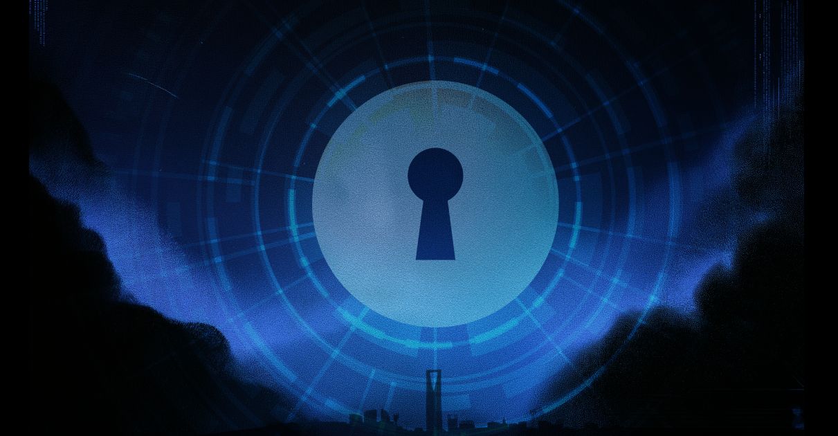 Glowing blue keyhole surrounded by digital security rings above a city skyline, symbolising post-quantum cryptography and cybersecurity in Saudi Arabia.